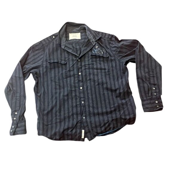 DKNY Jeans Black stripe Button Up Shirt Long Sleeve Pocket Back Emblem XL - Picture 1 of 7